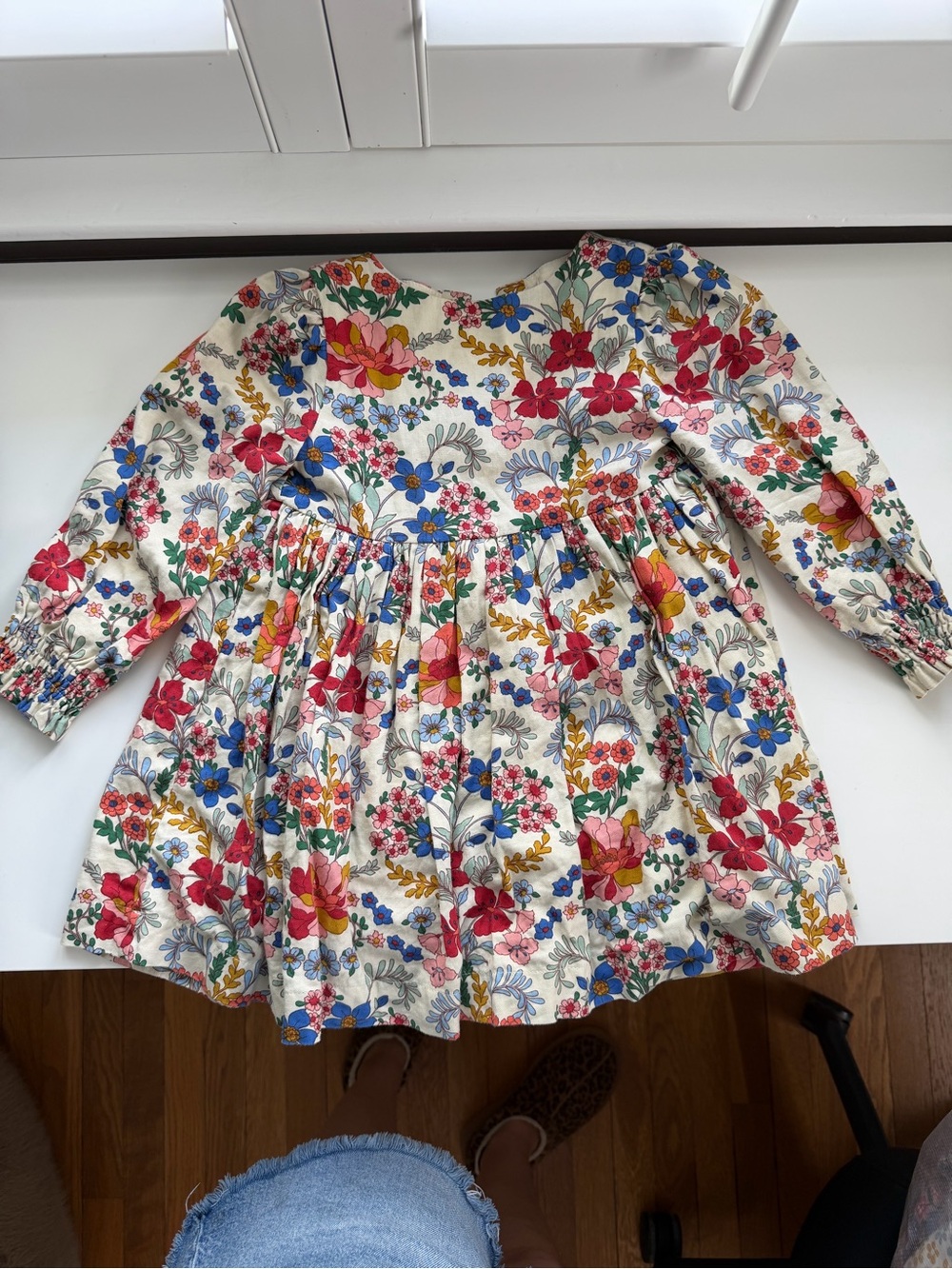 Boden Cream Floral Long-Sleeve Dress with Red, Blue & Pink Flowers